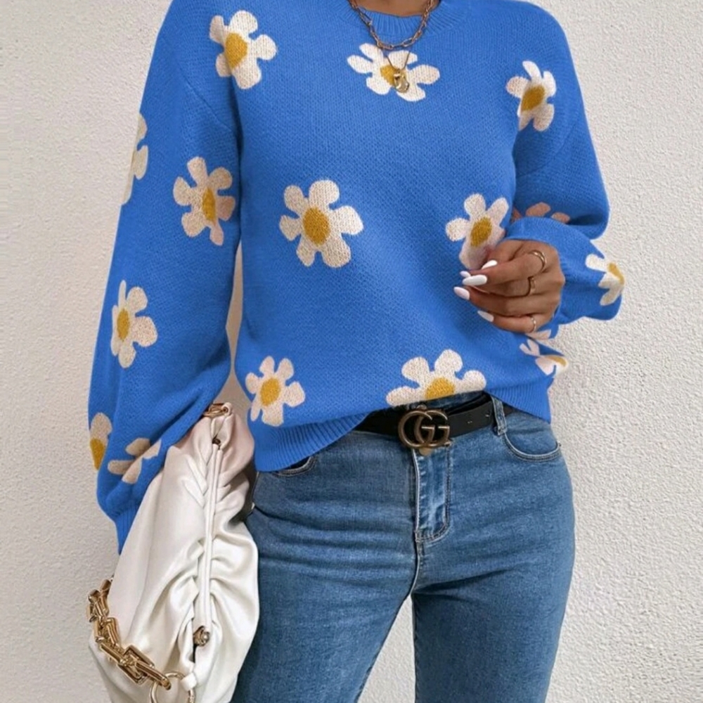Floral Pattern Drop Shoulder Sweater Blouse - Picture 4 of 7